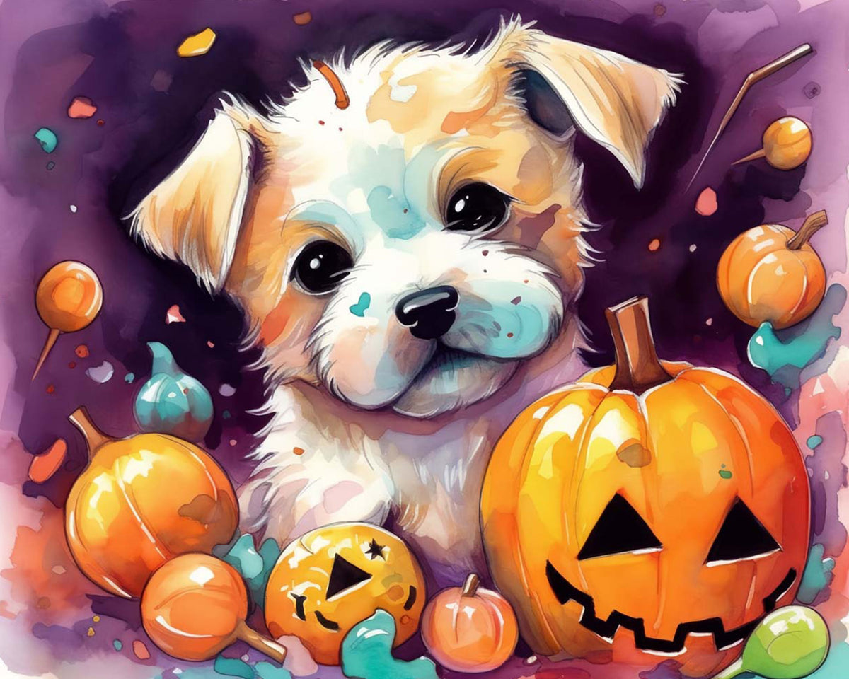 Cute puppy and halloween pumpkins cross stitch kit for beginners