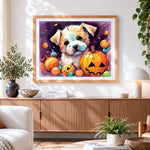 Finished cute puppy and halloween pumpkins paint by numbers artwork displayed as home decor