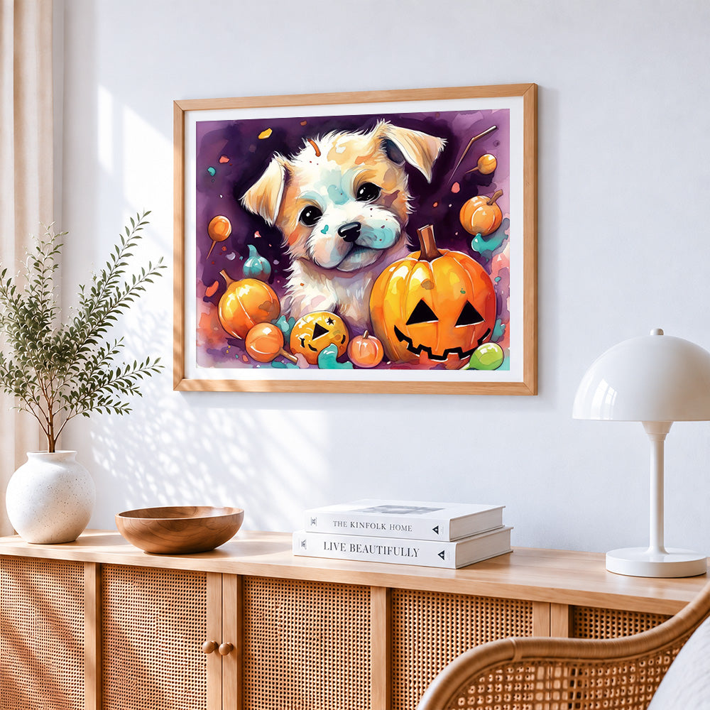 Cute puppy and halloween pumpkins paint by numbers artwork displayed on wall as home decor