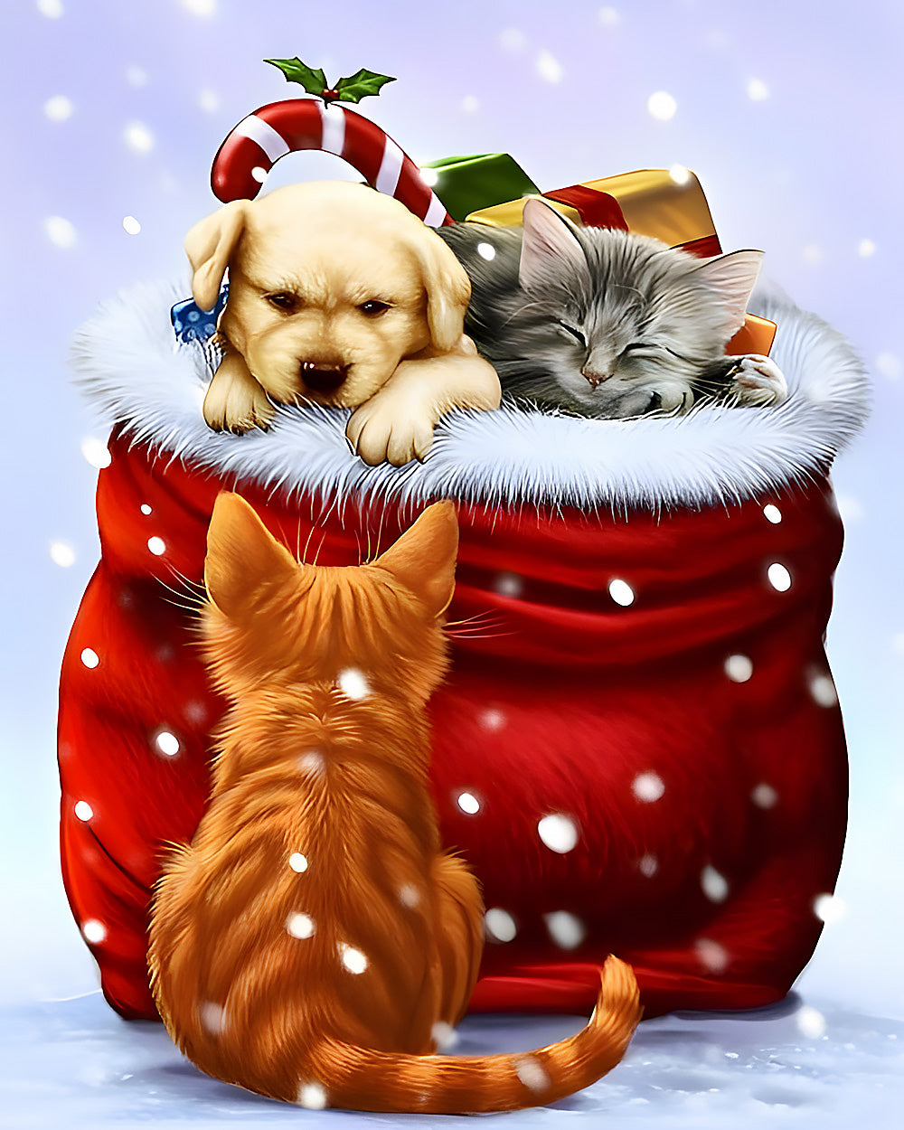 Cute puppy and kitten in a christmas santa sack cross stitch kit for beginners