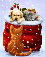 Cute puppy and kitten in a christmas santa sack cross stitch kit for beginners