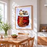 Cute puppy and kitten in a christmas santa sack cross stitch artwork displayed on wall as home decor