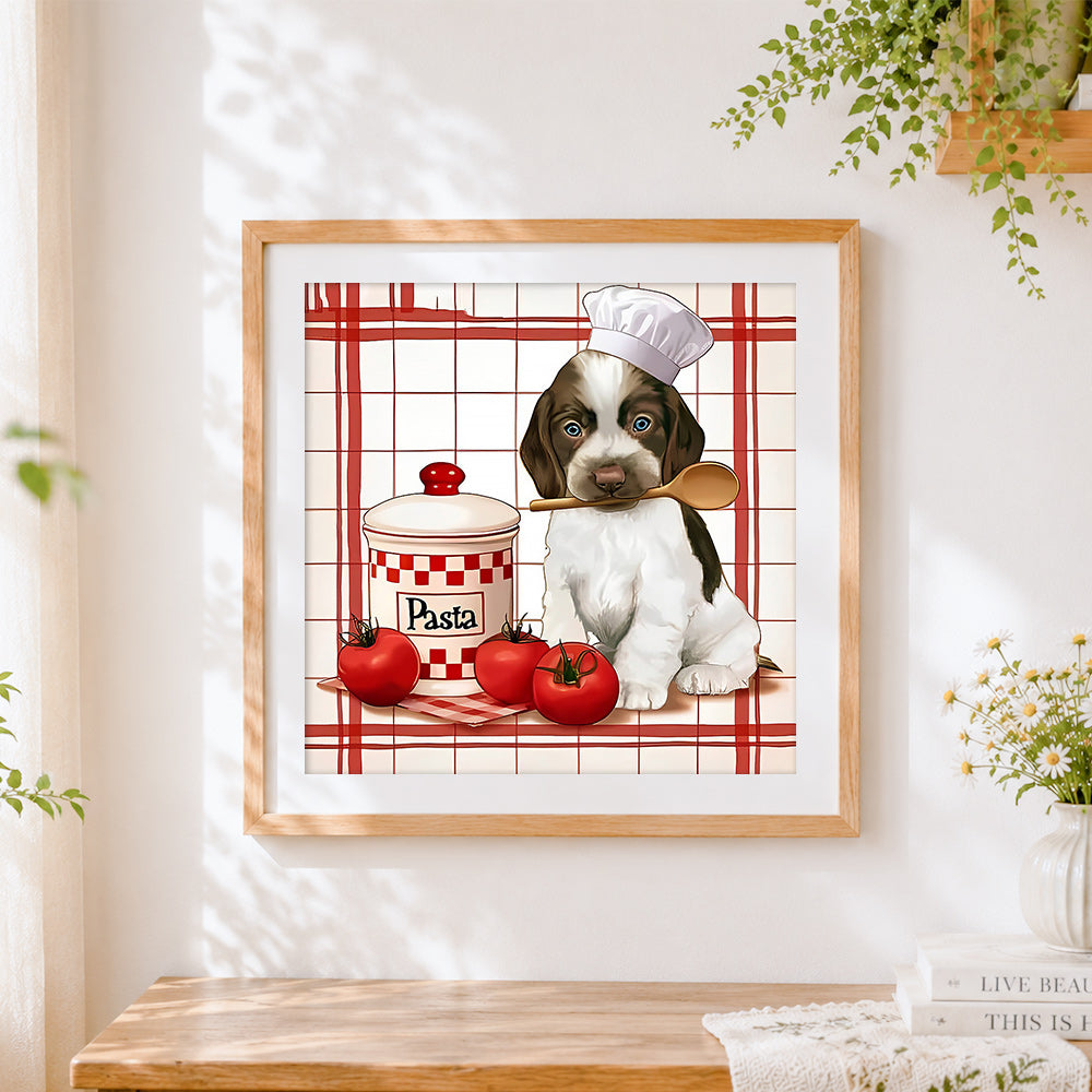 Finished cute puppy chef with pasta and tomatoes cross stitch artwork displayed