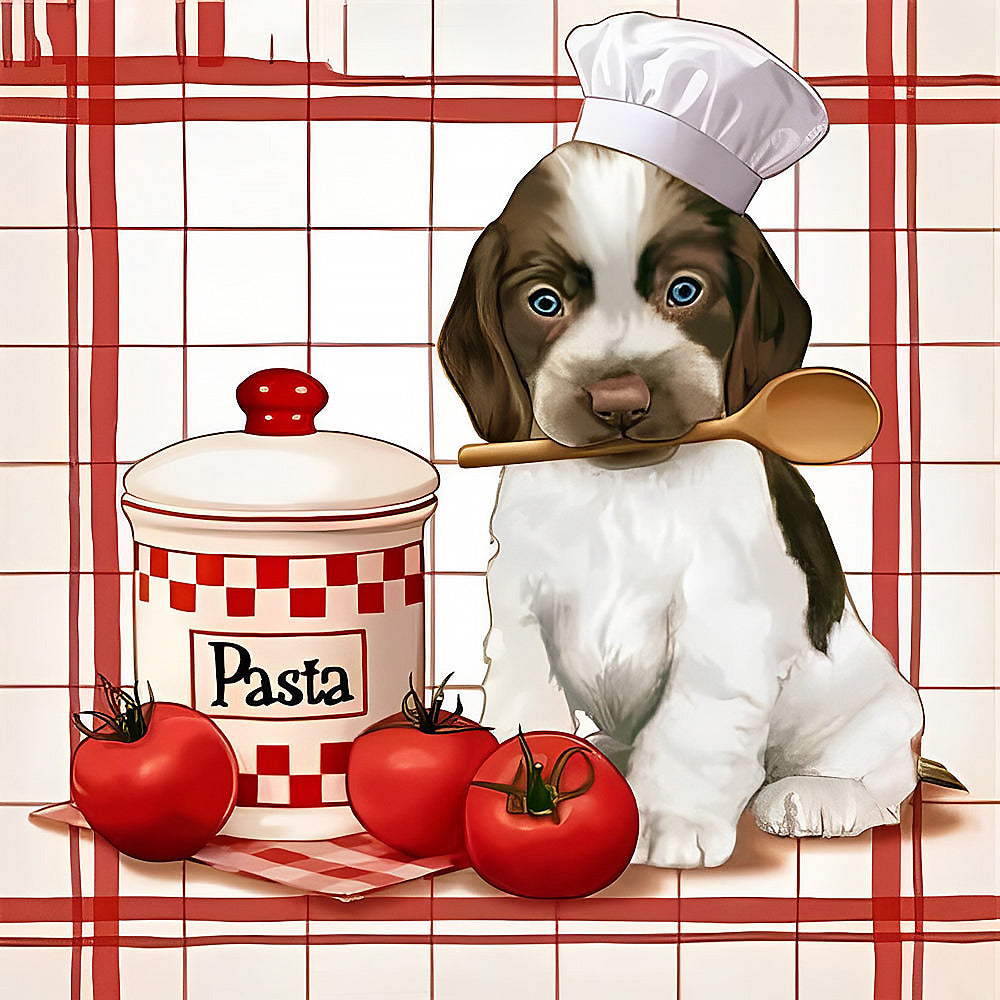 Cute puppy chef with pasta and tomatoes cross stitch kit for beginners
