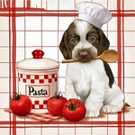 Cute puppy chef with pasta and tomatoes cross stitch kit for beginners