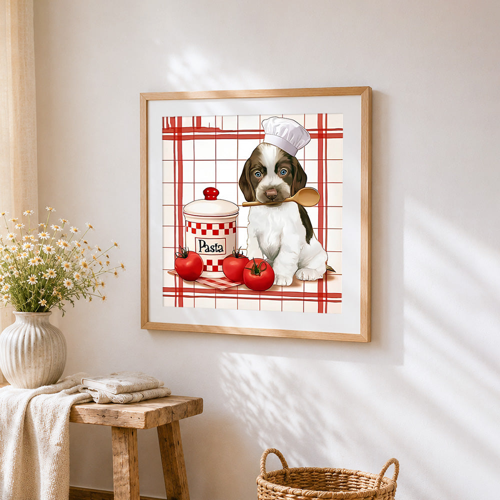 Cute puppy chef with pasta and tomatoes cross stitch artwork displayed on wall as home decor