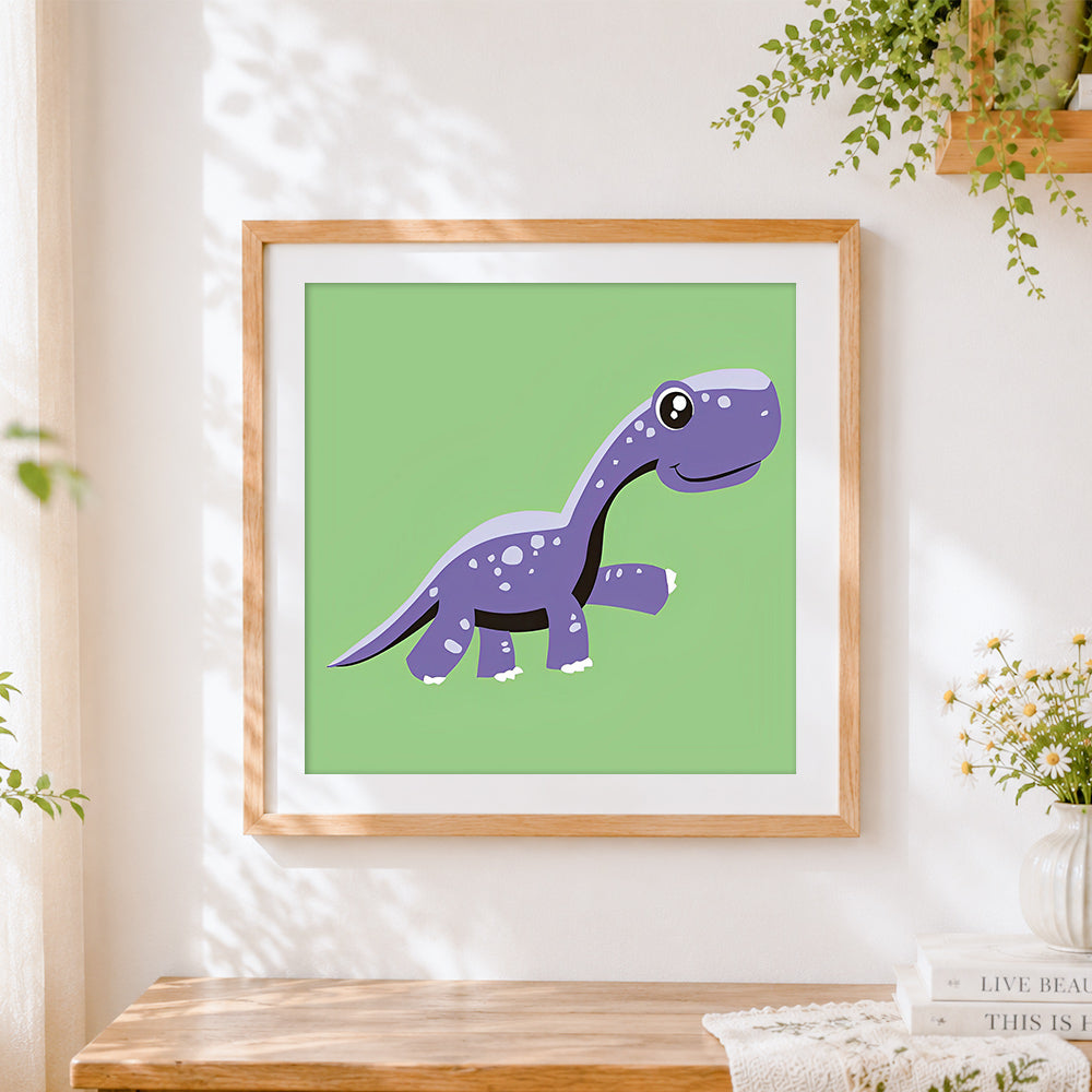 Finished cute purple long-neck dinosaur cross stitch artwork displayed
