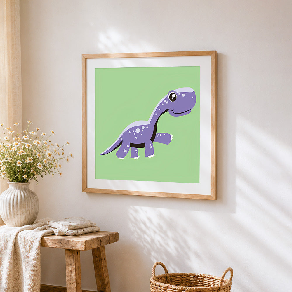 Cute purple long-neck dinosaur cross stitch artwork displayed on wall as home decor