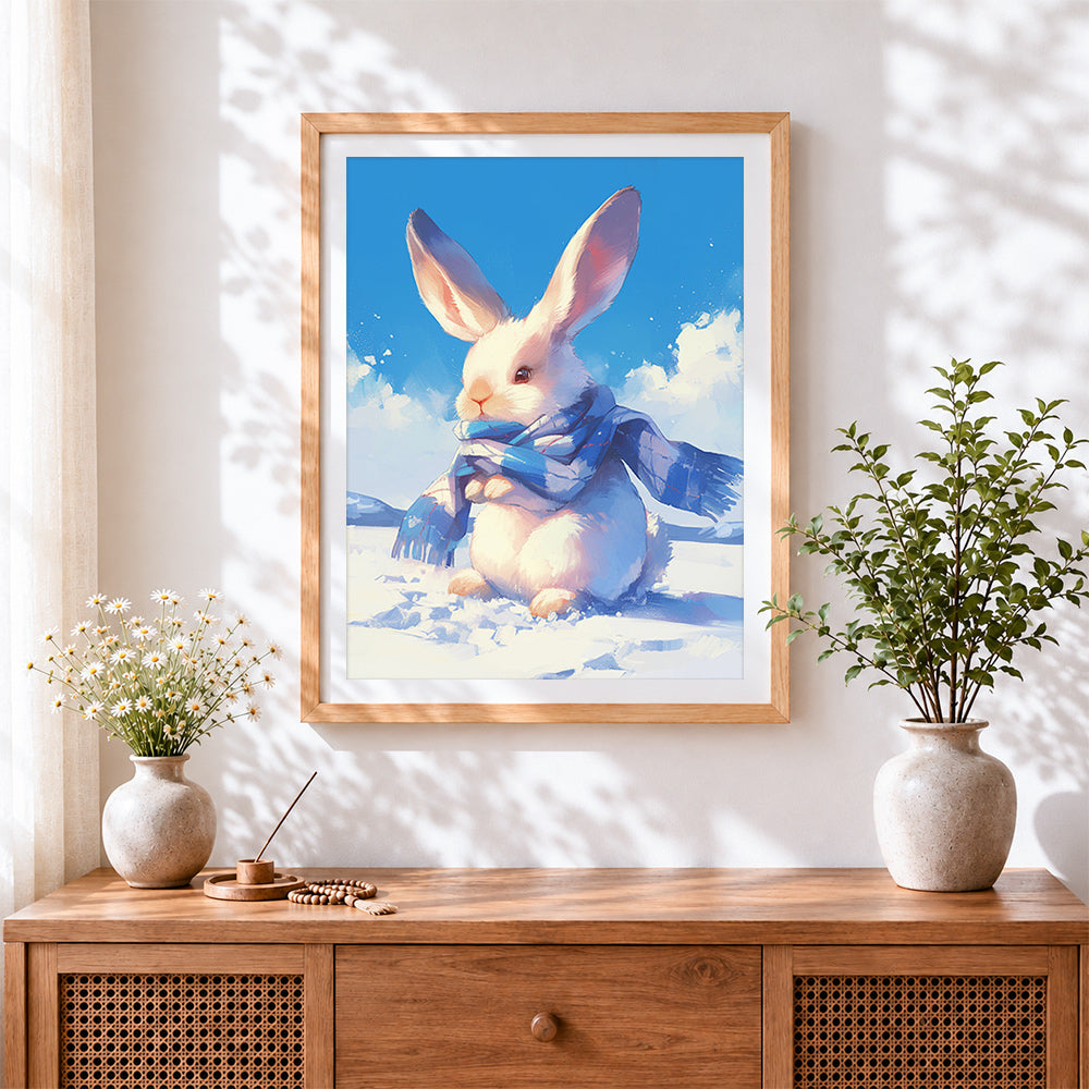 Finished cute rabbit in a blue winter scarf cross stitch artwork displayed