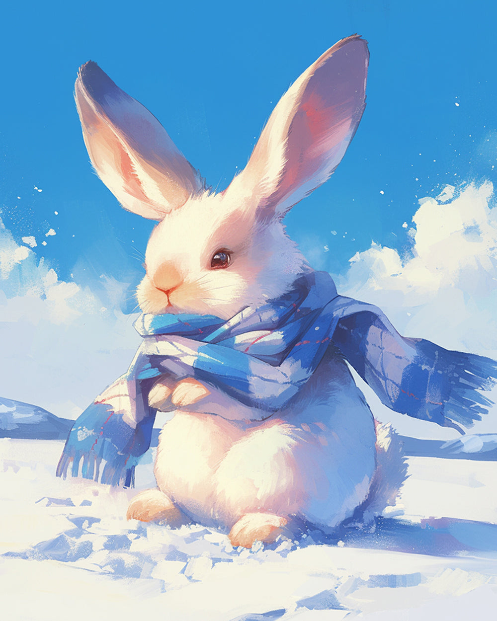 Cute rabbit in a blue winter scarf cross stitch kit for beginners