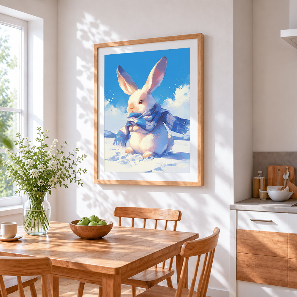 Cute rabbit in a blue winter scarf cross stitch artwork displayed on wall as home decor