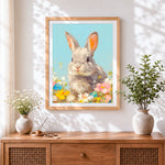 Finished cute rabbit in a wildflower meadow cross stitch artwork displayed