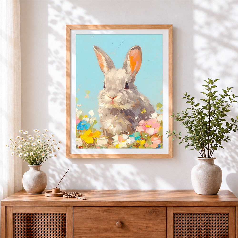 Finished cute rabbit in a wildflower meadow cross stitch artwork displayed