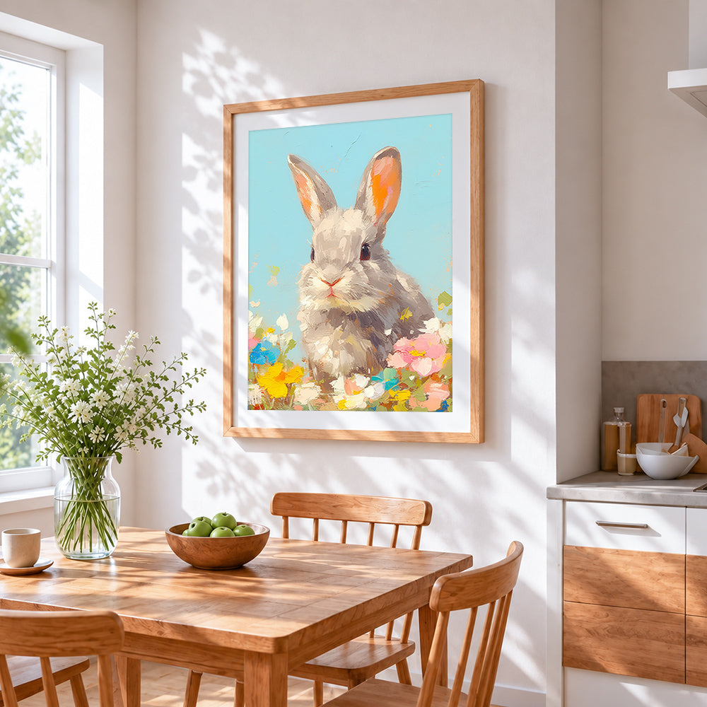 Cute rabbit in a wildflower meadow cross stitch artwork displayed on wall as home decor