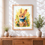 Finished cute rabbit with blue scarf in the meadow cross stitch artwork displayed