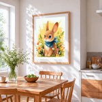 Cute rabbit with blue scarf in the meadow cross stitch artwork displayed on wall as home decor