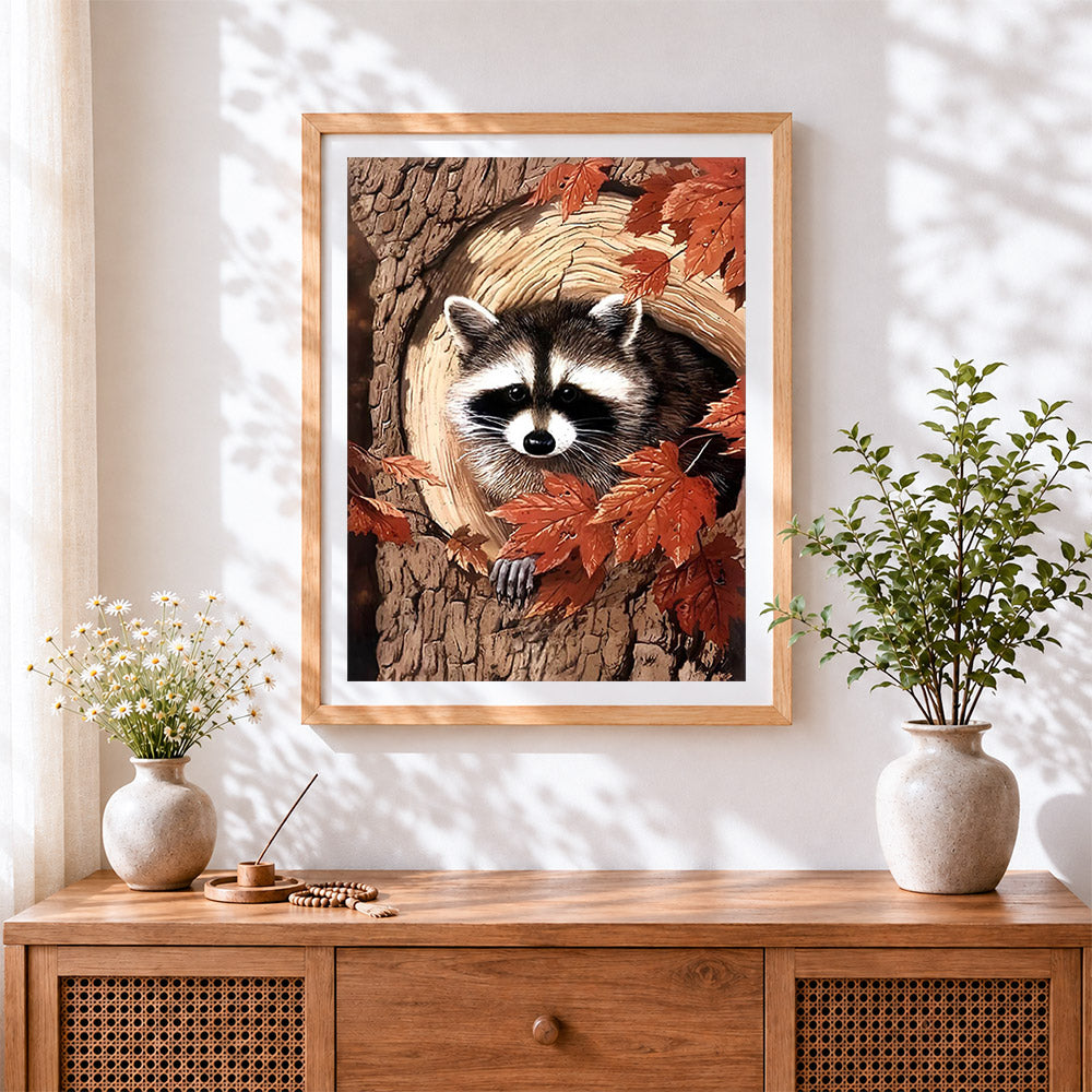 Finished cute raccoon in autumn leaves cross stitch artwork displayed