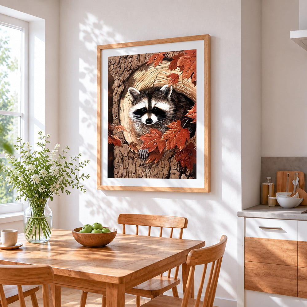 Cute raccoon in autumn leaves cross stitch artwork displayed on wall as home decor
