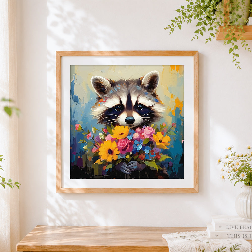 Finished cute raccoon with a colourful bouquet cross stitch artwork displayed
