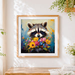 Finished cute raccoon with a colourful bouquet cross stitch artwork displayed