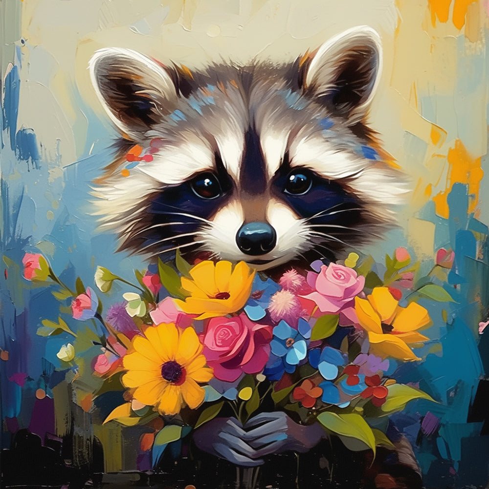 Cute raccoon with a colourful bouquet cross stitch kit for beginners