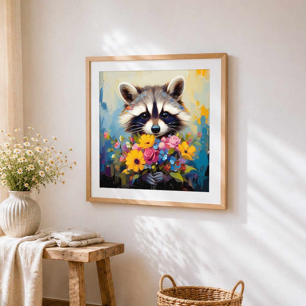 Cute raccoon with a colourful bouquet cross stitch artwork displayed on wall as home decor