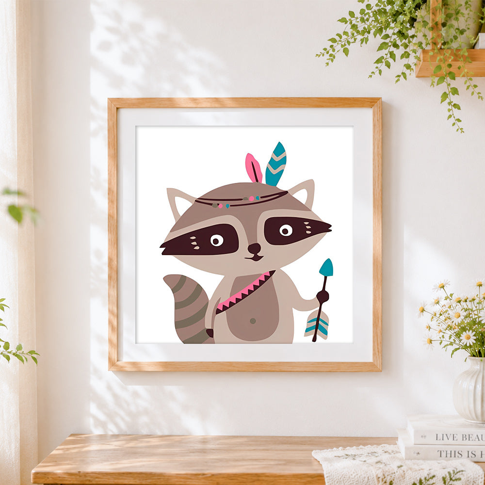 Finished cute raccoon with feather headdress cross stitch artwork displayed
