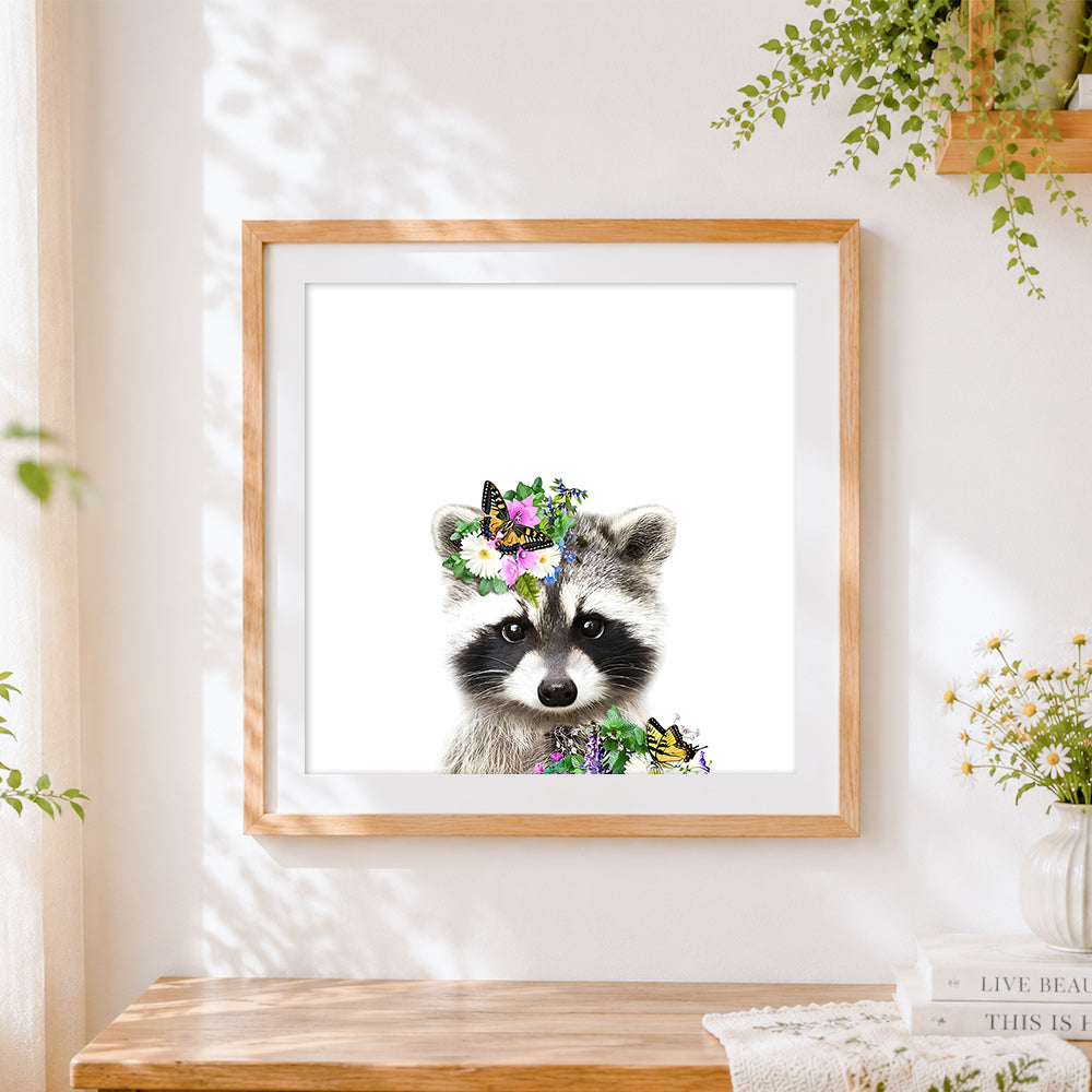 Finished cute raccoon with floral crown cross stitch artwork displayed