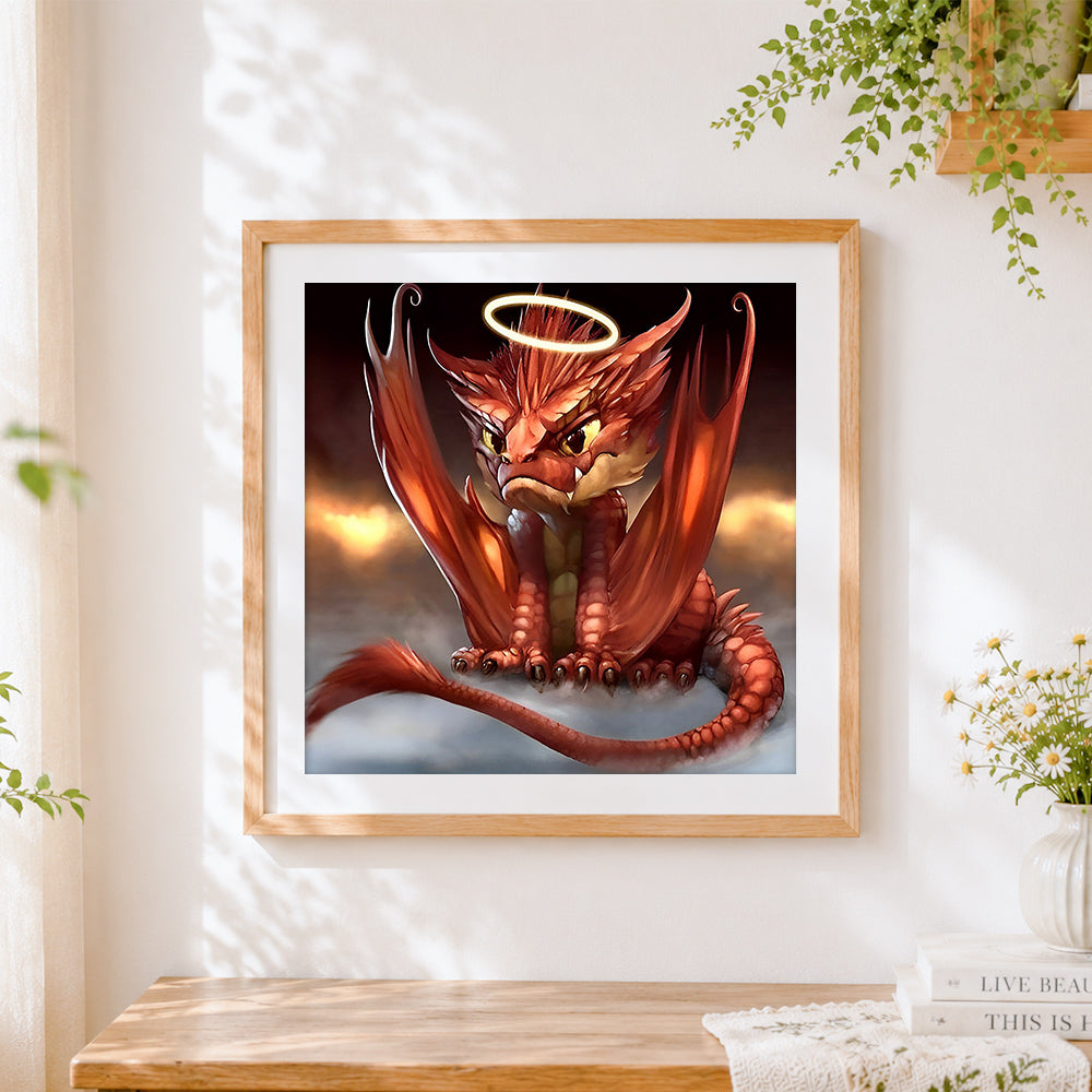 Finished cute red dragon with halo cross stitch artwork displayed
