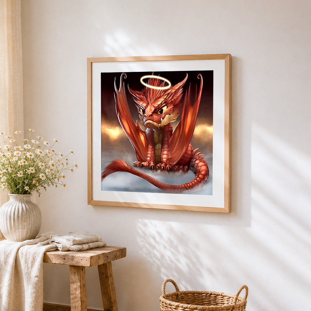 Cute red dragon with halo paint by numbers artwork displayed on wall as home decor