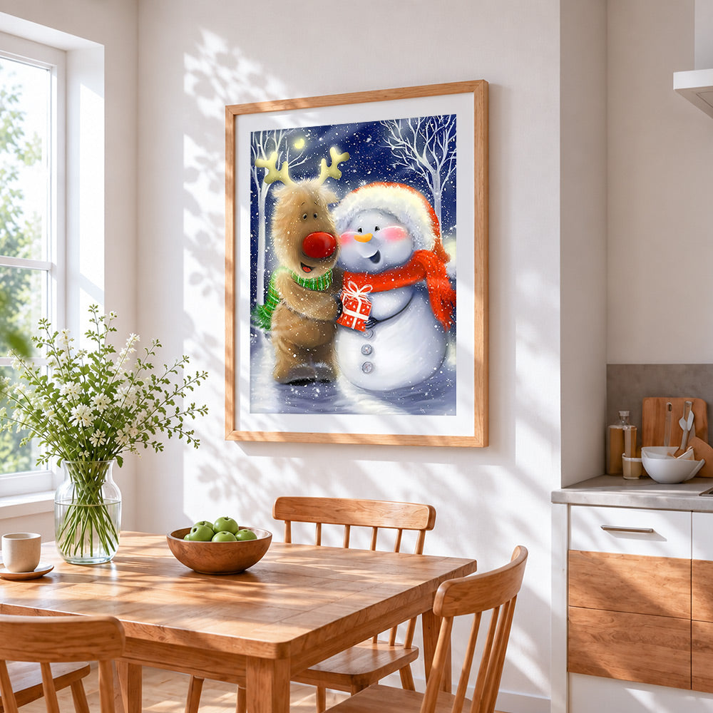 Cute red-nosed reindeer and snowman cross stitch artwork displayed on wall as home decor