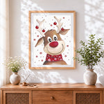Finished cute red nosed reindeer with baubles cross stitch artwork displayed