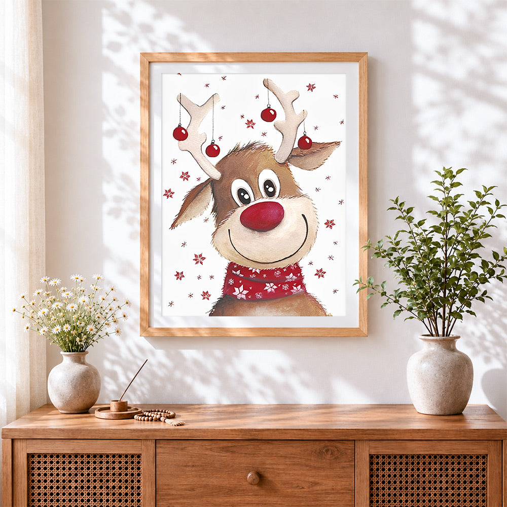 Finished cute red nosed reindeer with baubles cross stitch artwork displayed