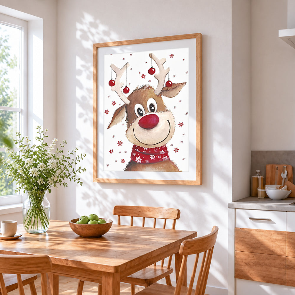 Cute red nosed reindeer with baubles cross stitch artwork displayed on wall as home decor