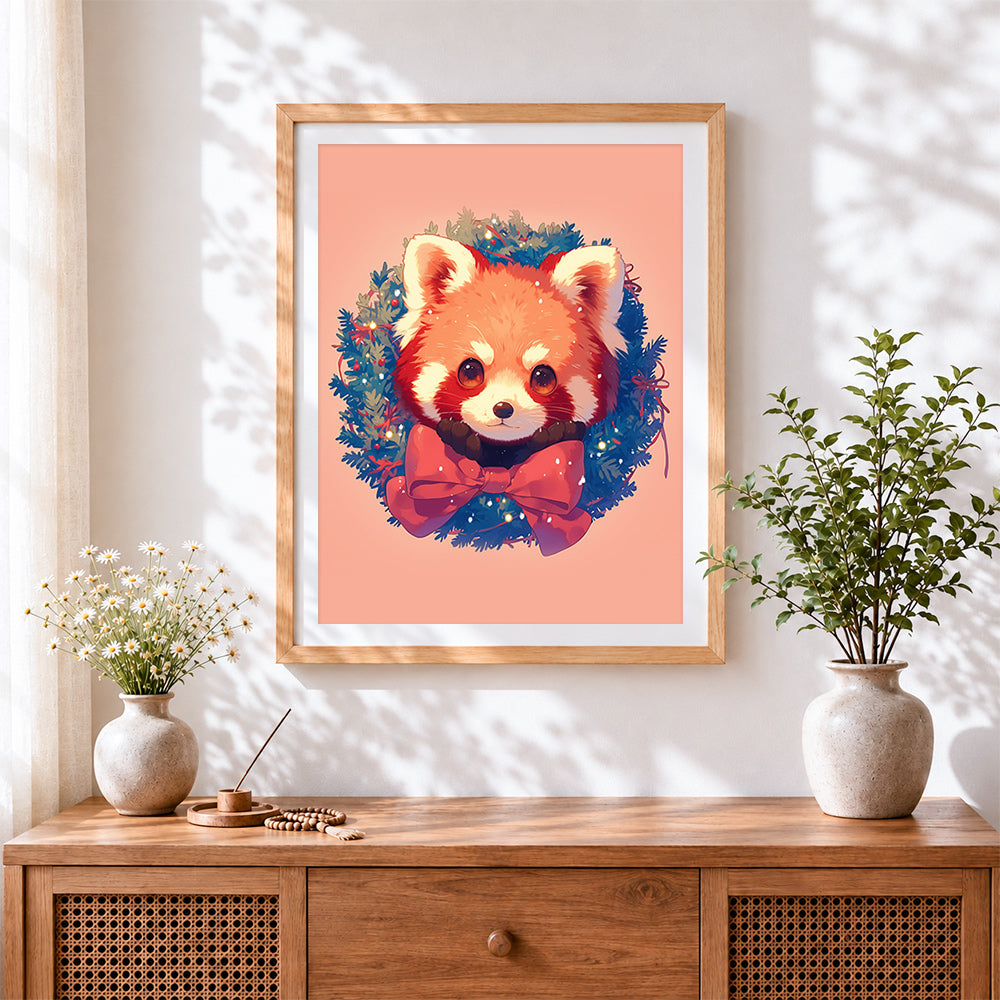 Finished cute red panda in a christmas wreath cross stitch artwork displayed