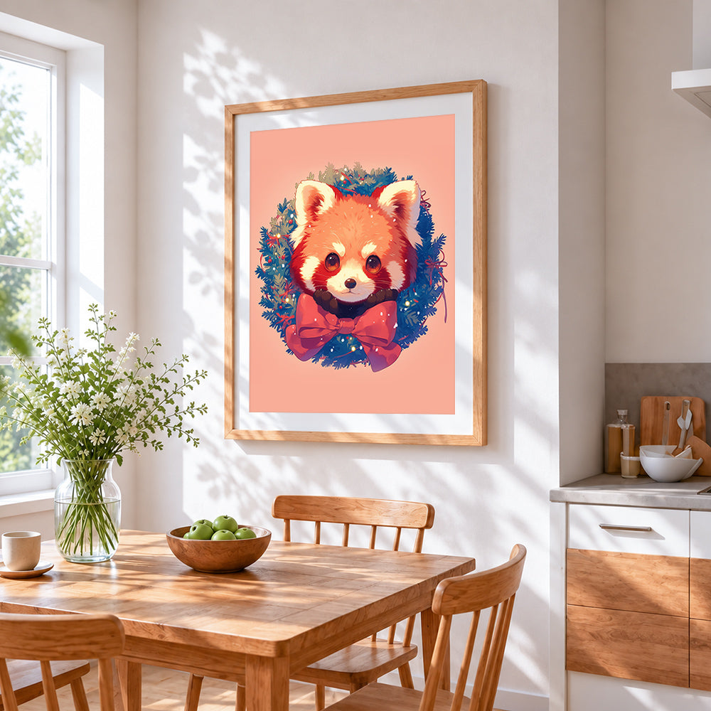 Cute red panda in a christmas wreath cross stitch artwork displayed on wall as home decor