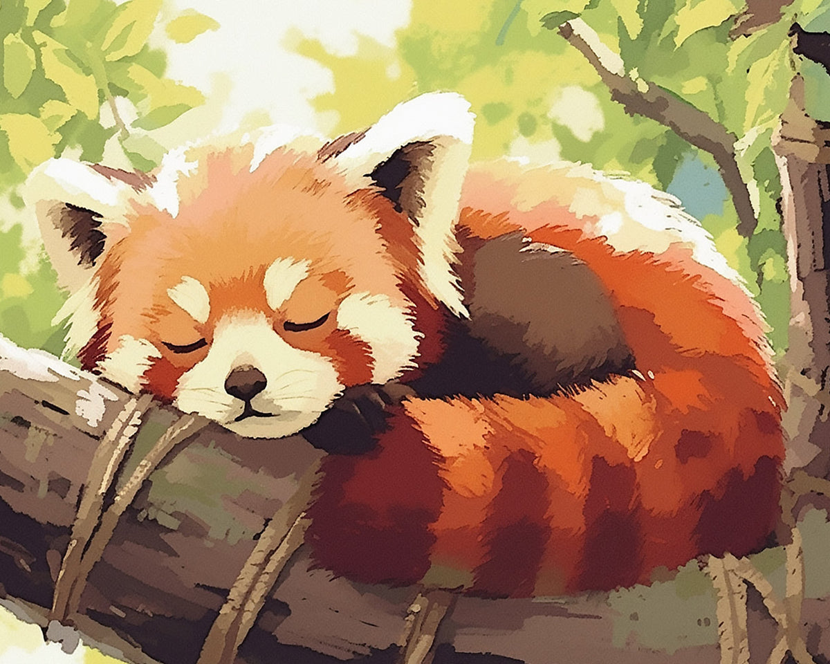 Cute red panda sleeping on a tree paint by numbers kit for beginners