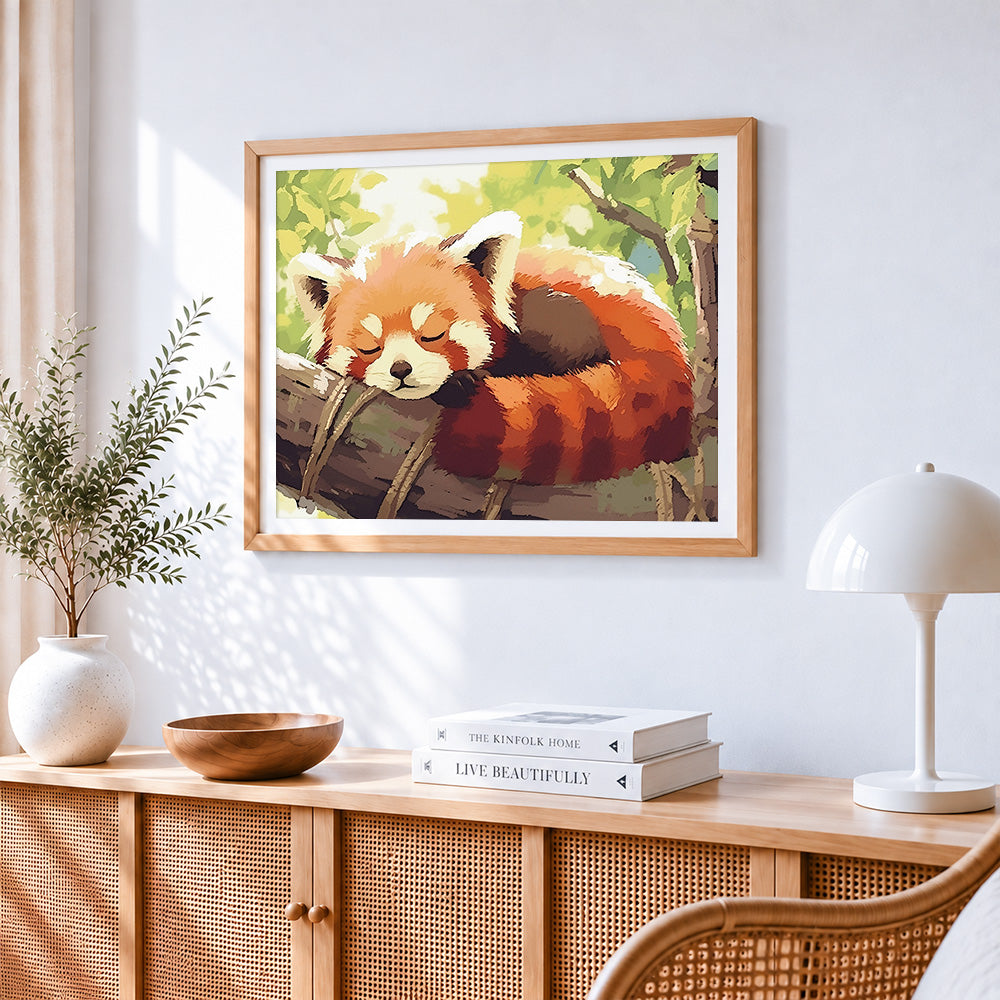 Cute red panda sleeping on a tree paint by numbers artwork displayed on wall as home decor