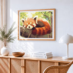 Cute red panda sleeping on a tree paint by numbers artwork displayed on wall as home decor