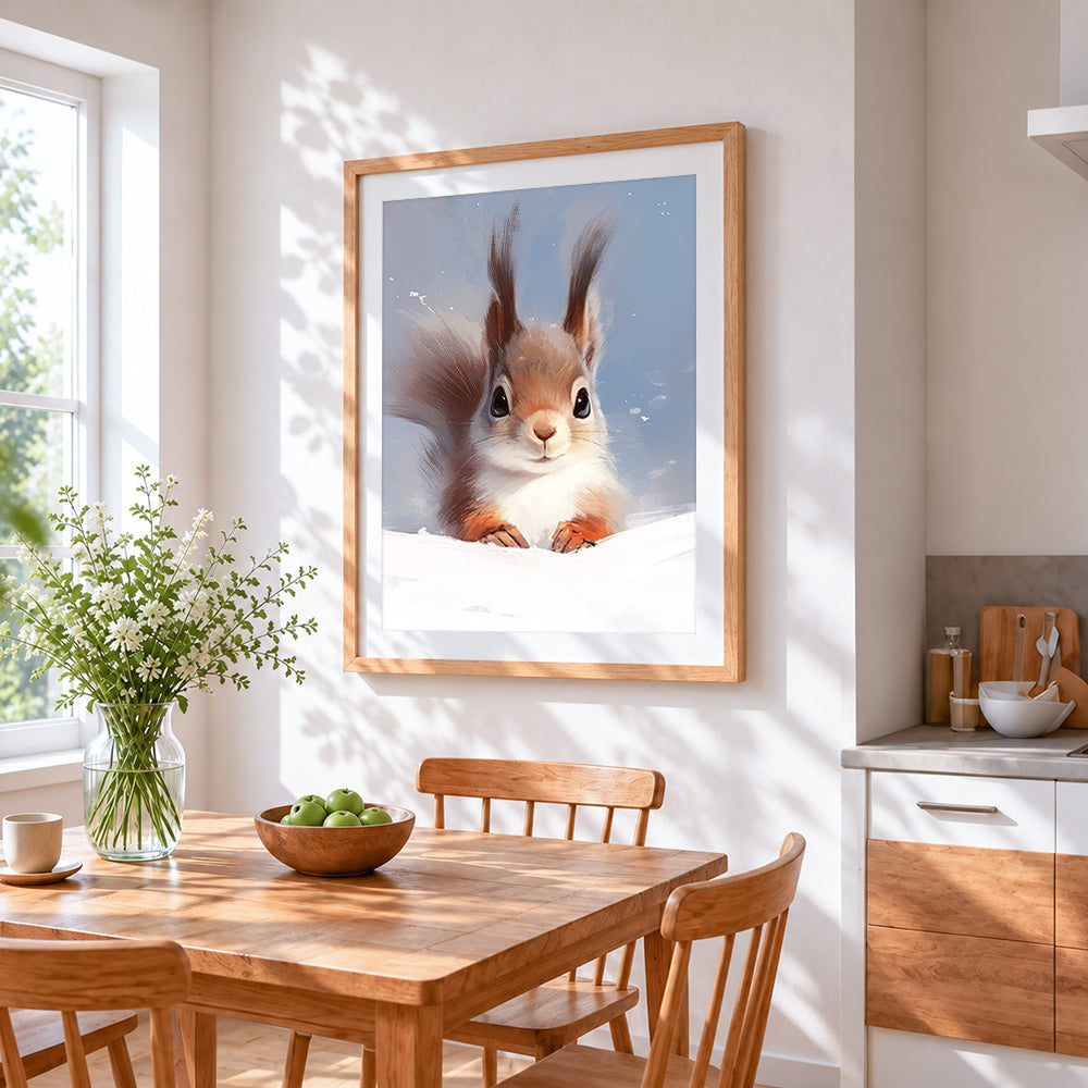 Cute red squirrel in the snow cross stitch artwork displayed on wall as home decor
