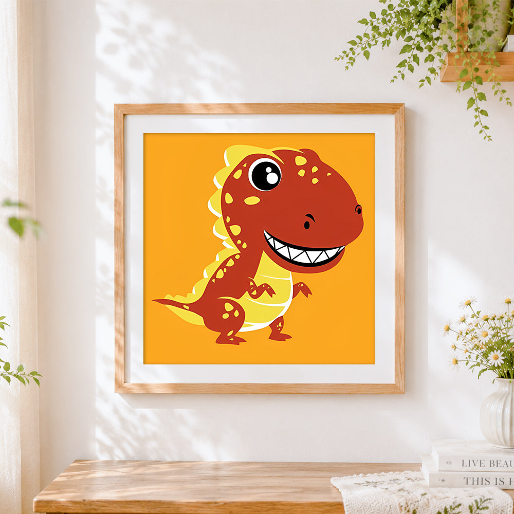 Finished cute red t-rex dinosaur cross stitch artwork displayed