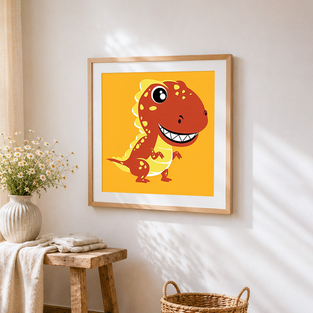 Cute red t-rex dinosaur cross stitch artwork displayed on wall as home decor