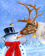 Cute reindeer and snowman sharing a carrot cross stitch kit for beginners