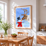 Cute reindeer and snowman sharing a carrot cross stitch artwork displayed on wall as home decor