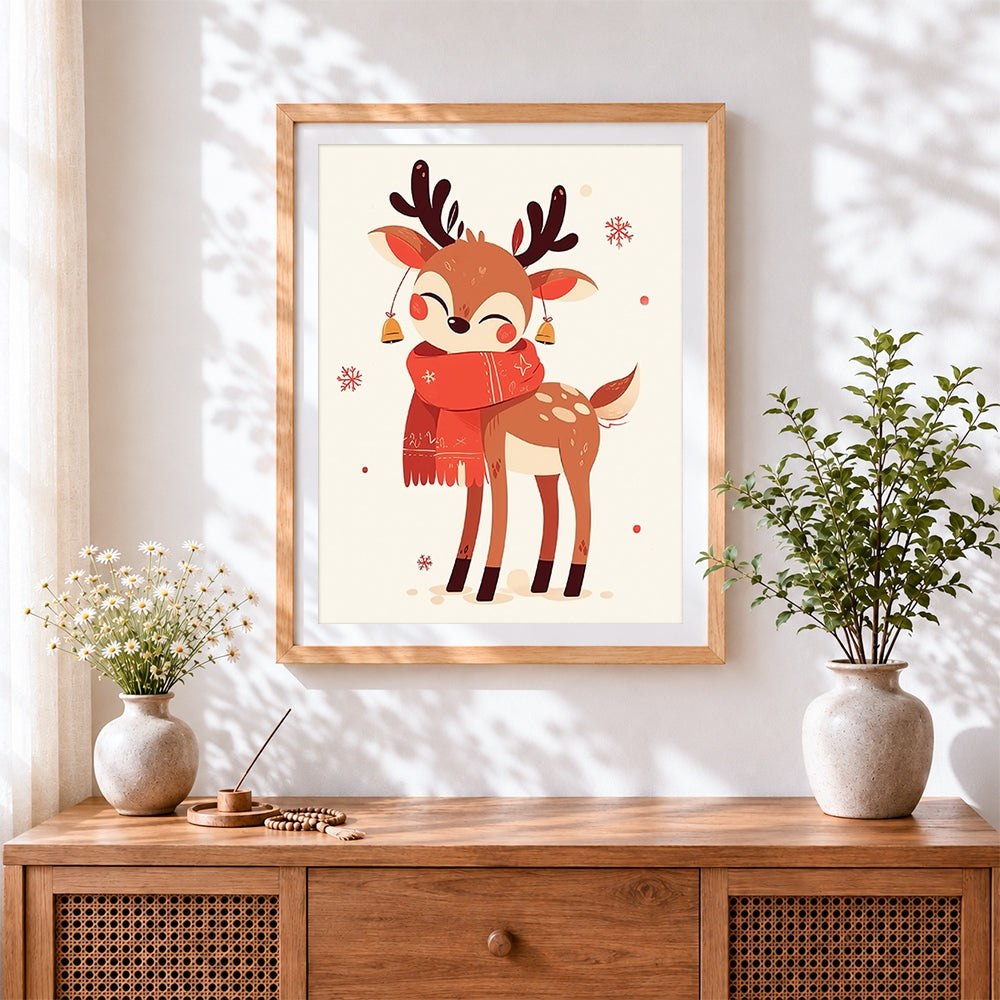 Finished cute reindeer in red scarf cross stitch artwork displayed