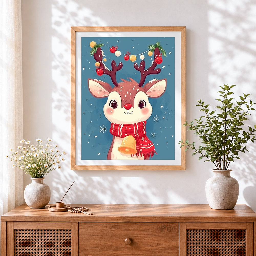 Finished cute reindeer with festive antlers cross stitch artwork displayed