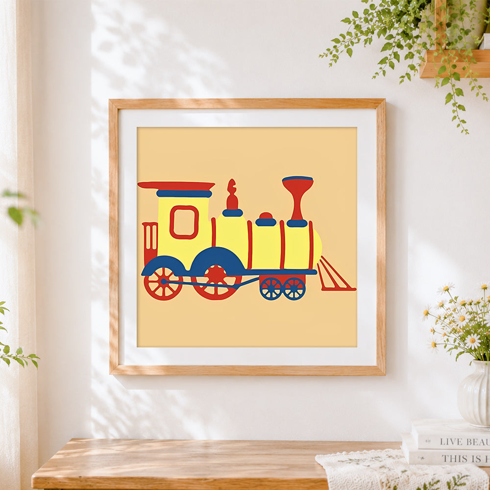 Finished cute retro steam train cross stitch artwork displayed
