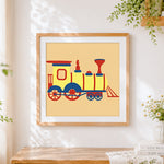 Finished cute retro steam train cross stitch artwork displayed