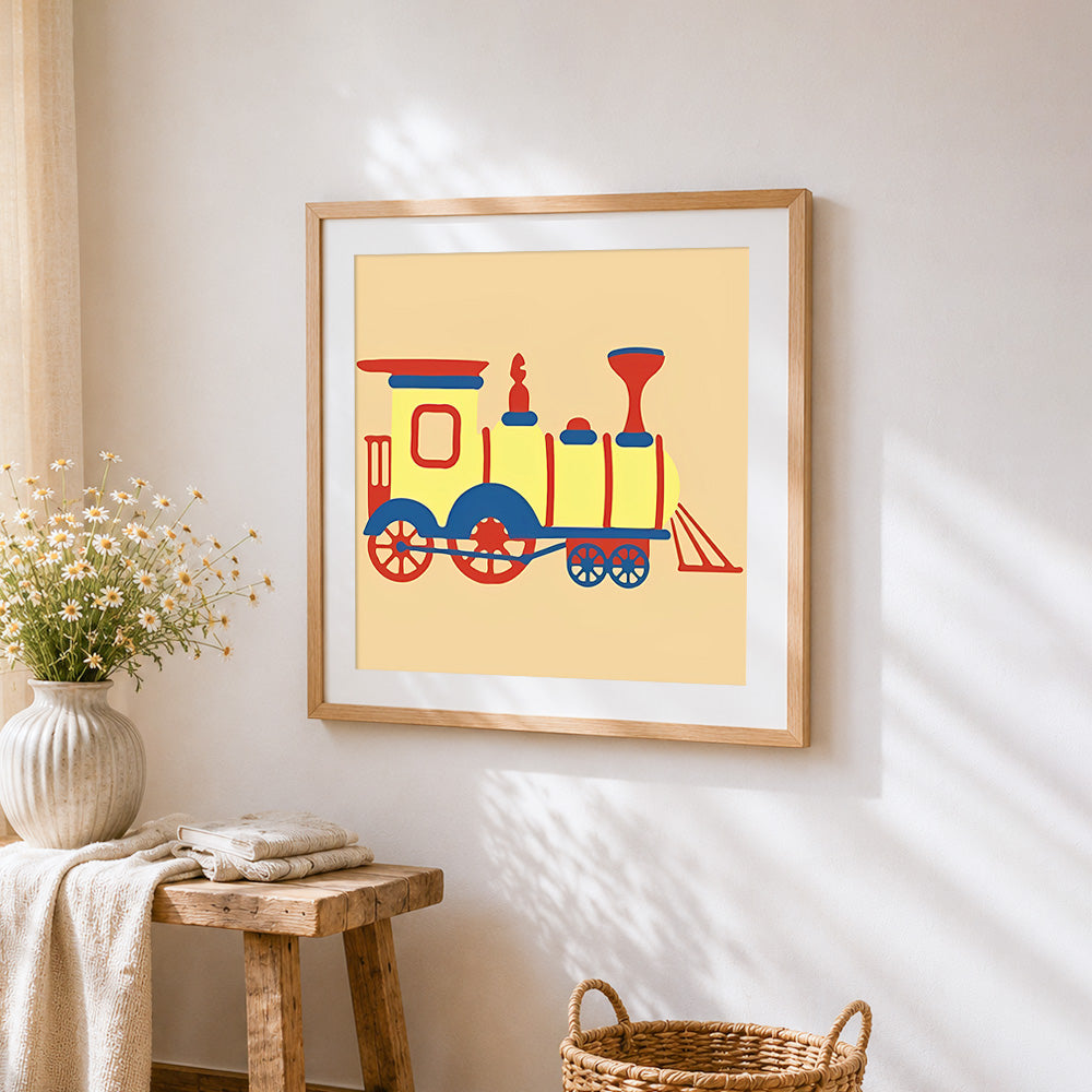 Cute retro steam train cross stitch artwork displayed on wall as home decor
