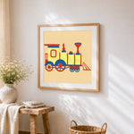 Cute retro steam train cross stitch artwork displayed on wall as home decor